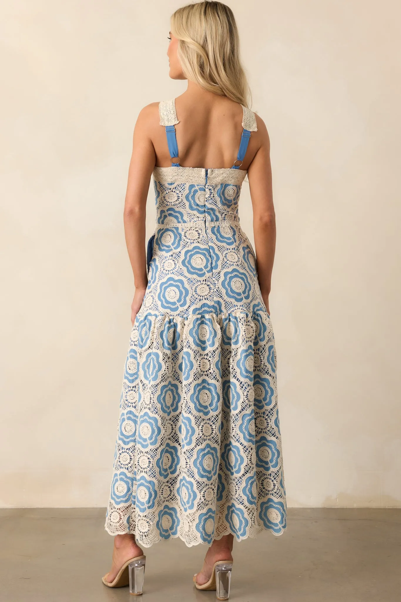 Midnight Muse Light Blue Floral Embroidered Drop Waist Maxi Dress