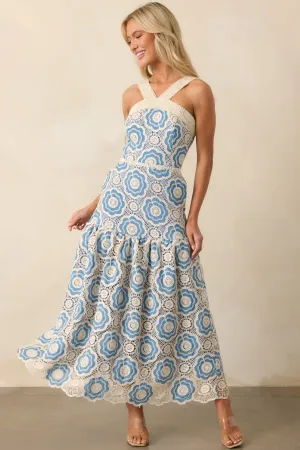 Midnight Muse Light Blue Floral Embroidered Drop Waist Maxi Dress