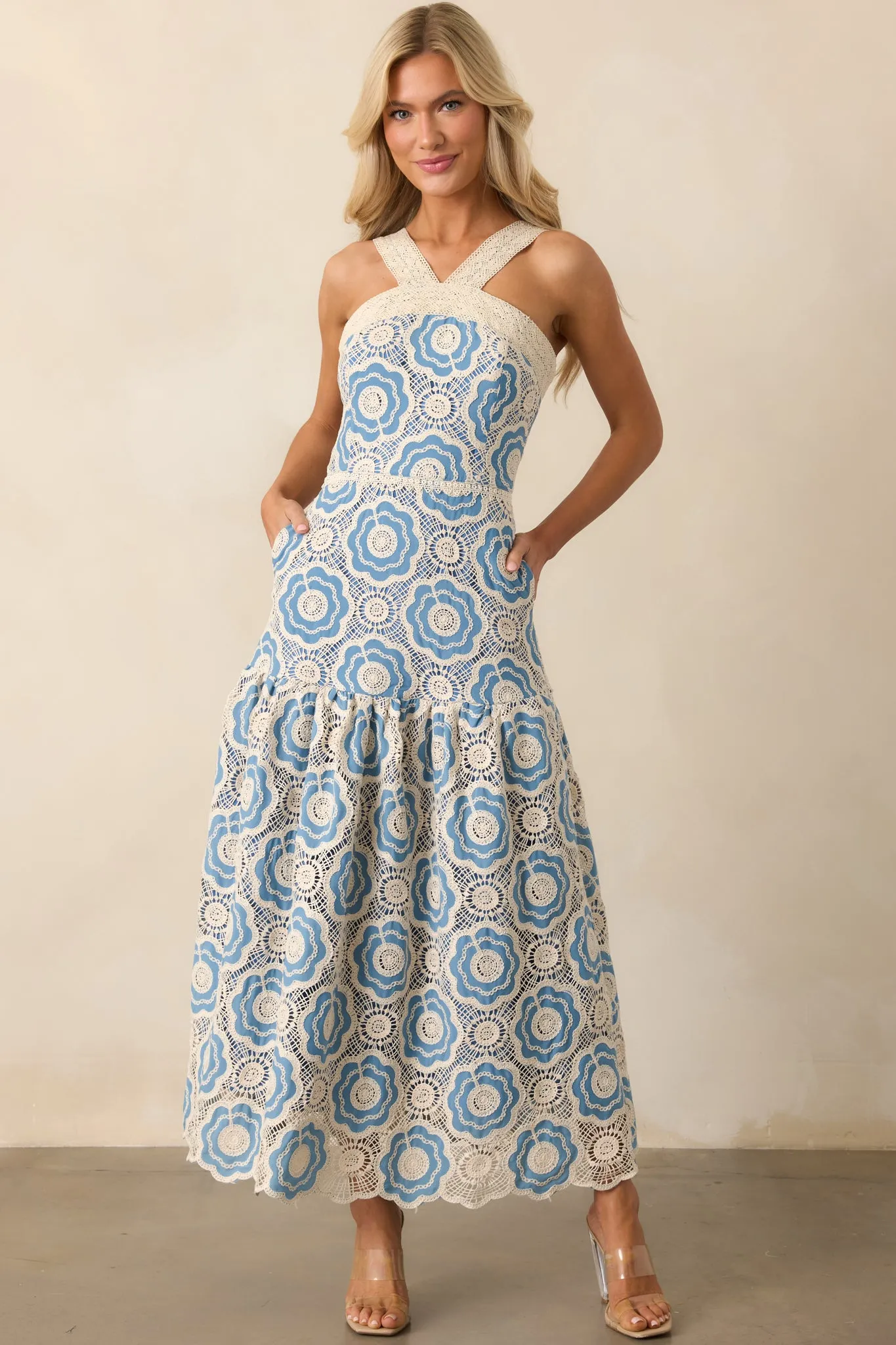 Midnight Muse Light Blue Floral Embroidered Drop Waist Maxi Dress