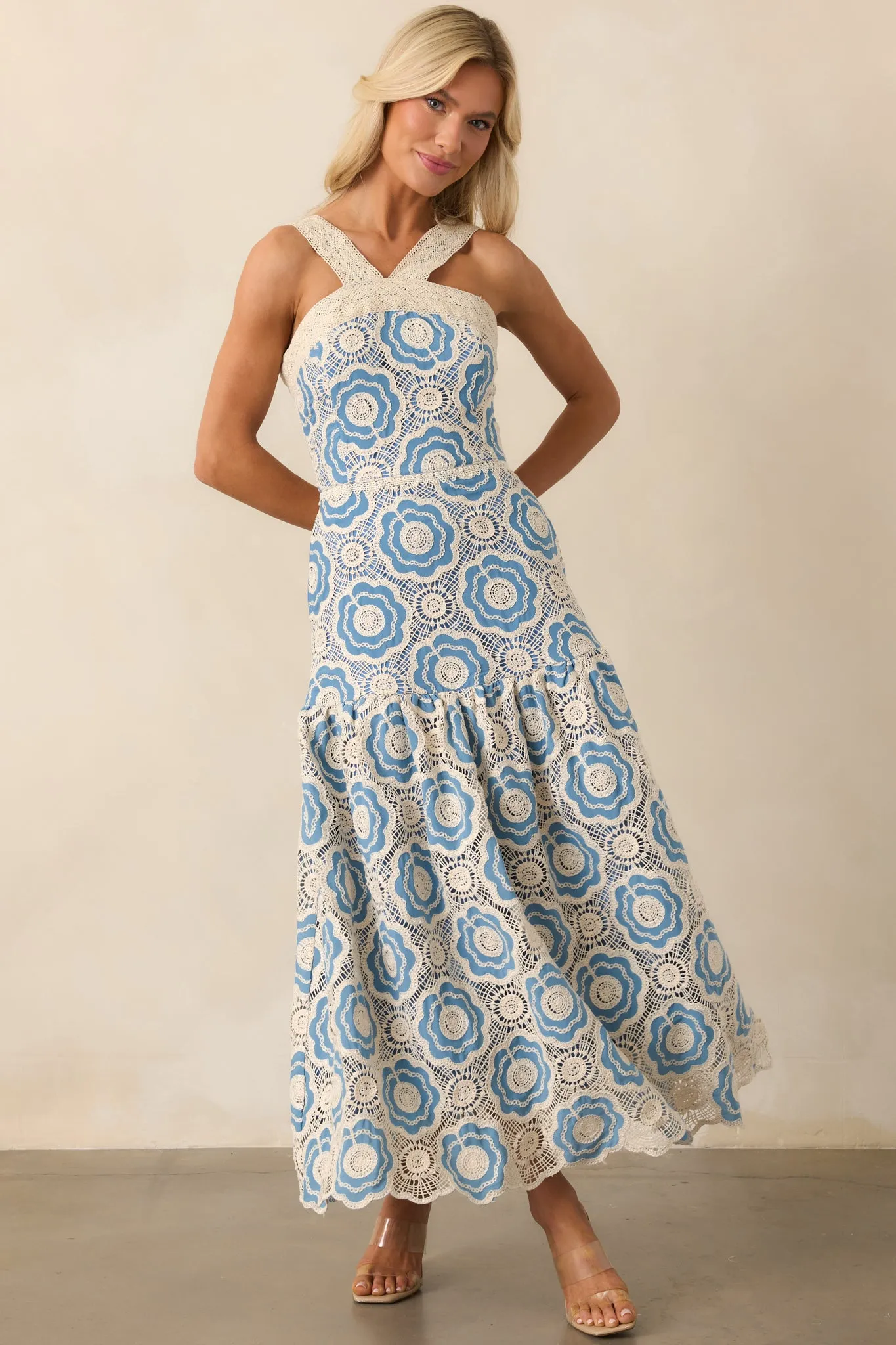 Midnight Muse Light Blue Floral Embroidered Drop Waist Maxi Dress