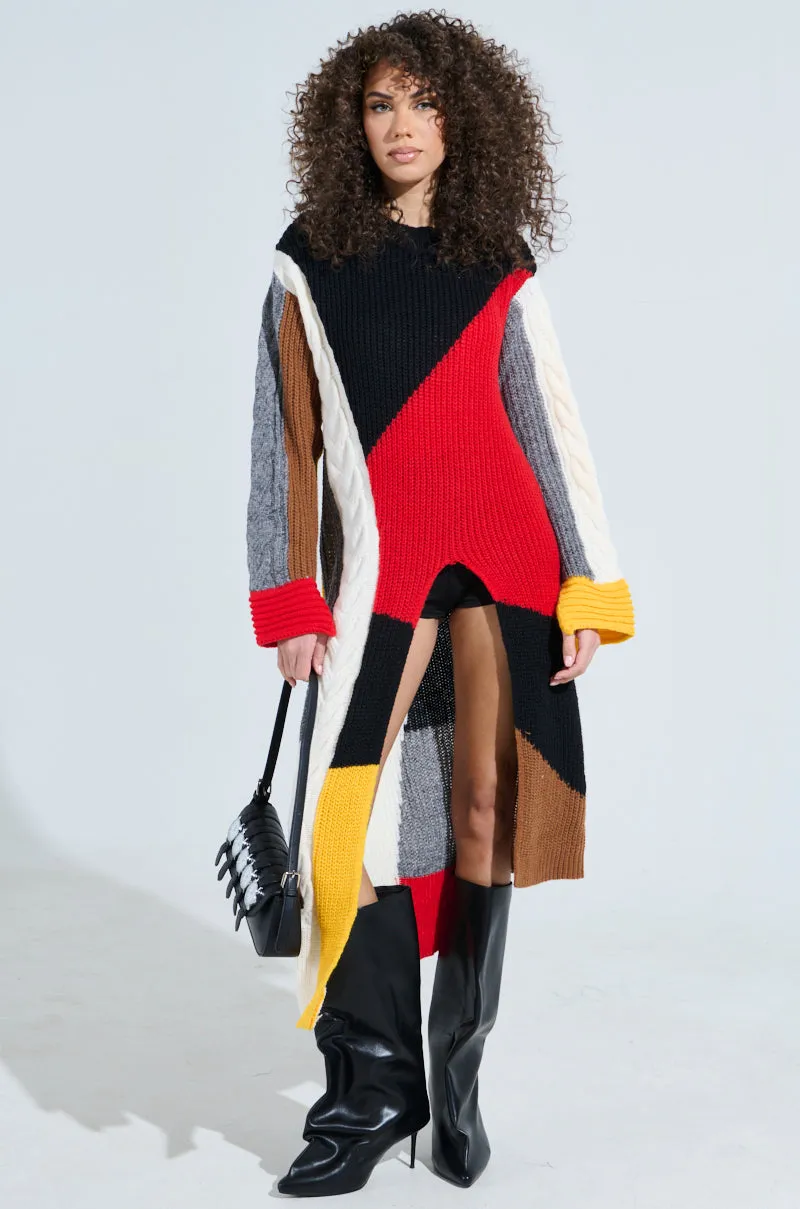 MIXED PATTERN LONG SLEEVE SWEATER DRESS