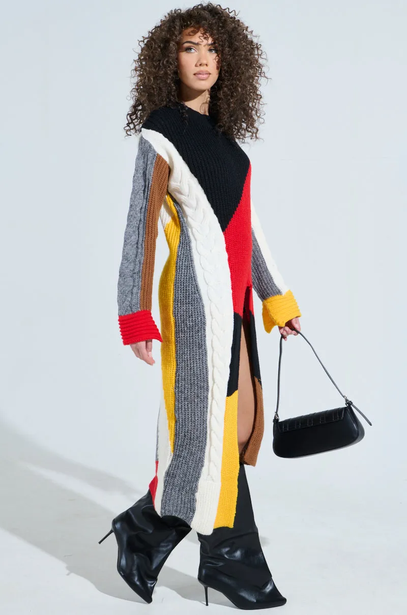 MIXED PATTERN LONG SLEEVE SWEATER DRESS