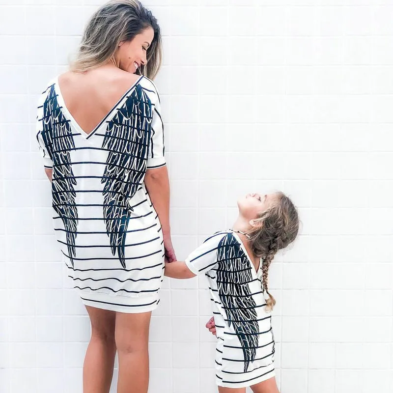 Mother Daughter Short Sleeve Striped Dress Matching Outfits Wings Dresses
