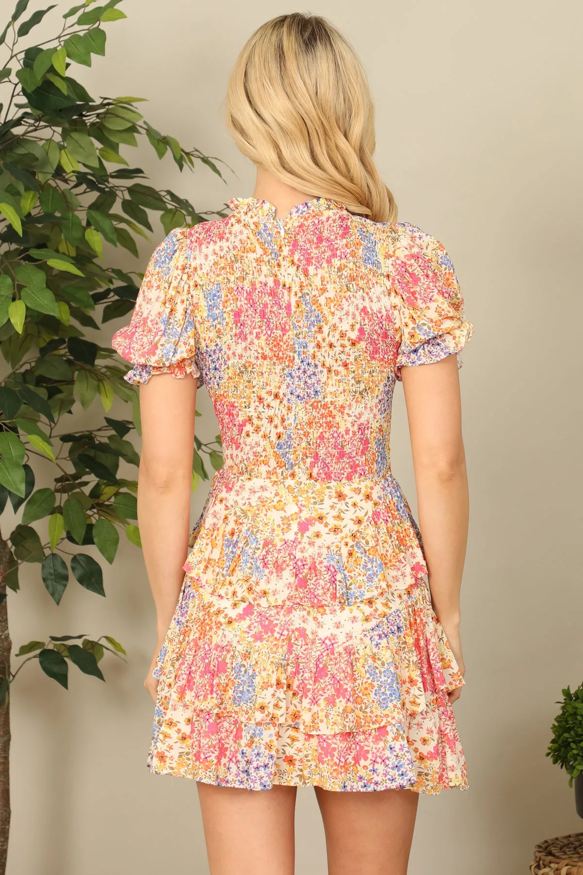 Multi Floral Smocked Puff Sleeve Layered Hem Mini Dress