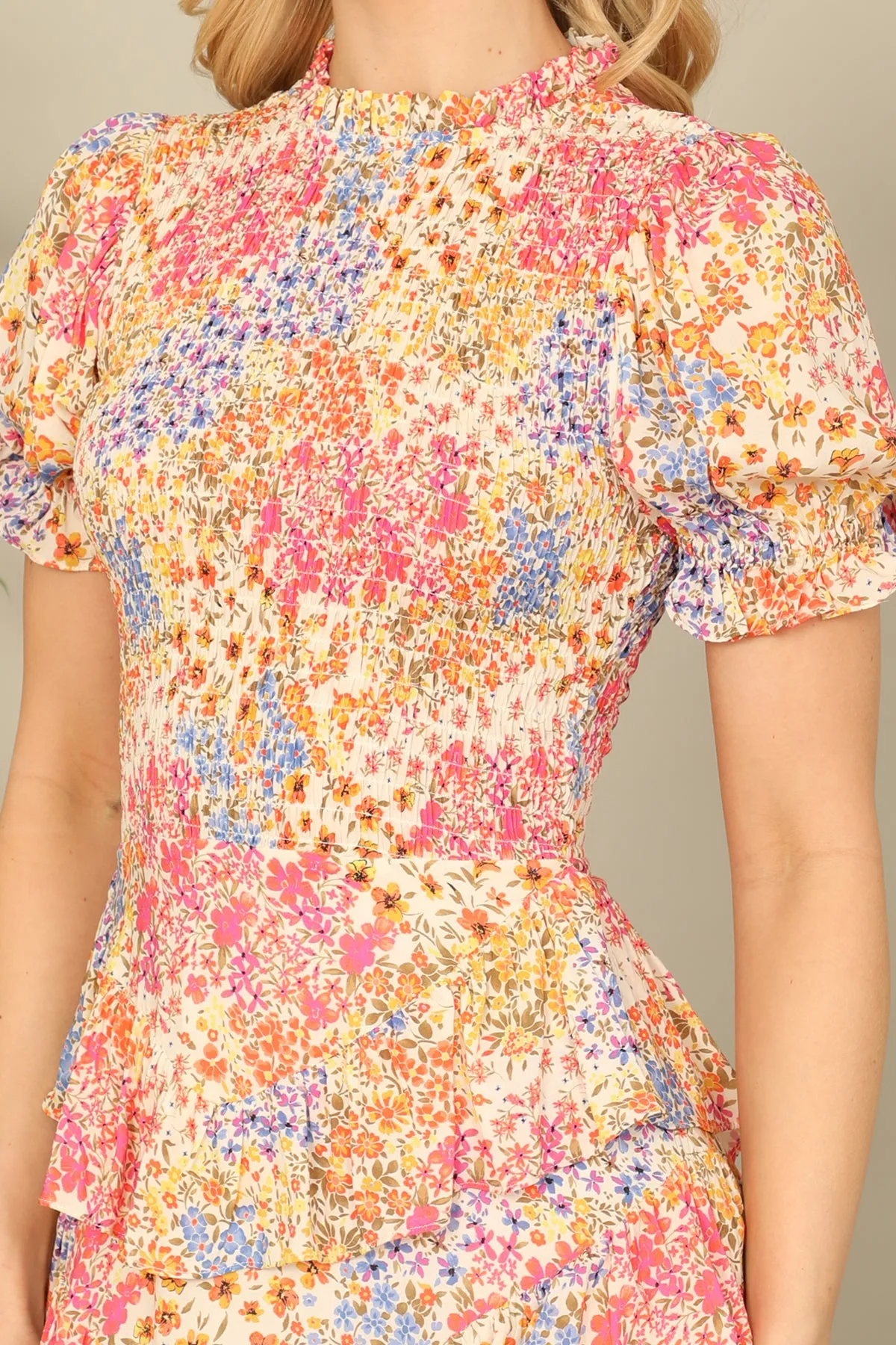 Multi Floral Smocked Puff Sleeve Layered Hem Mini Dress