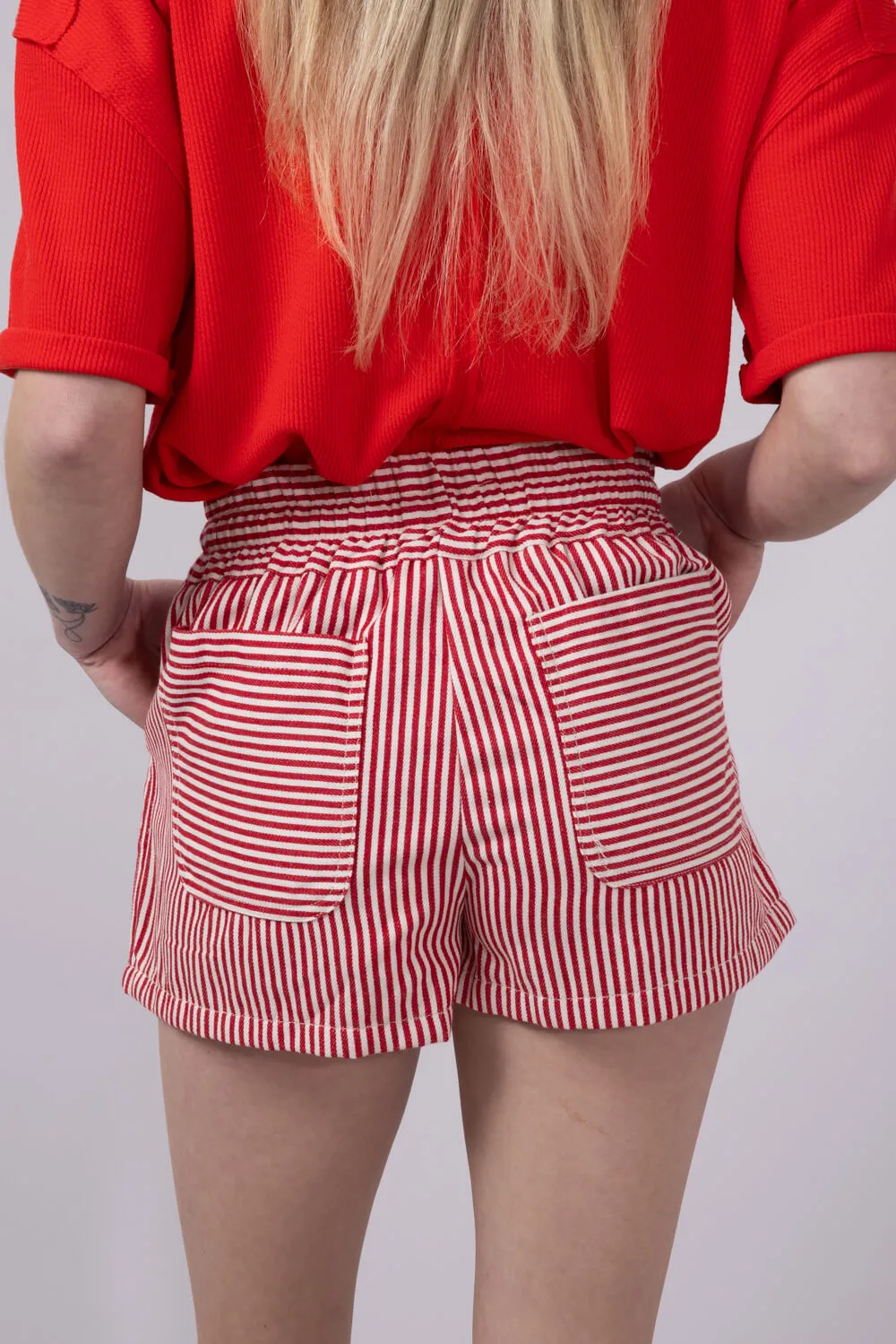 Mustard Seed Drawstring Striped Skort for Women in Red | S24216-RETRORED