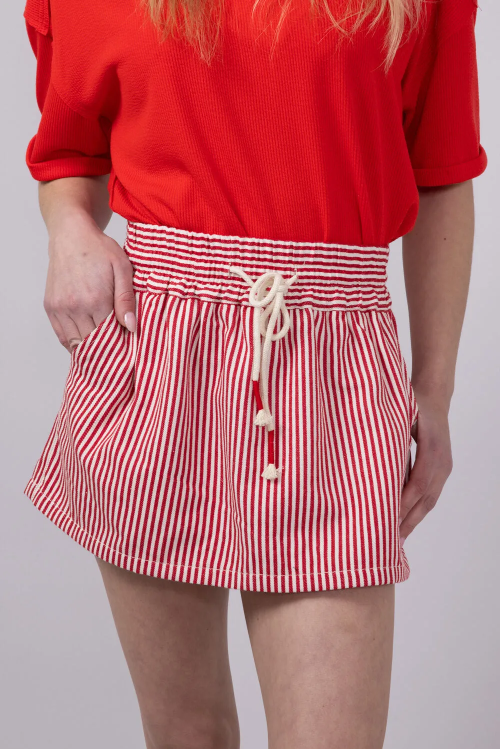 Mustard Seed Drawstring Striped Skort for Women in Red | S24216-RETRORED