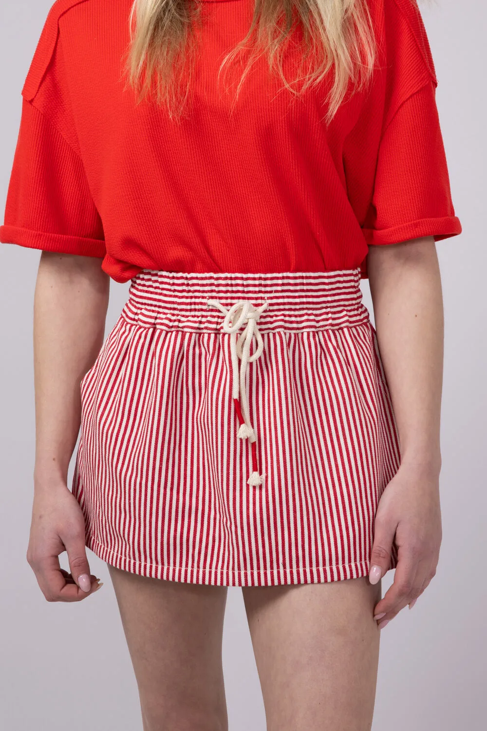 Mustard Seed Drawstring Striped Skort for Women in Red | S24216-RETRORED