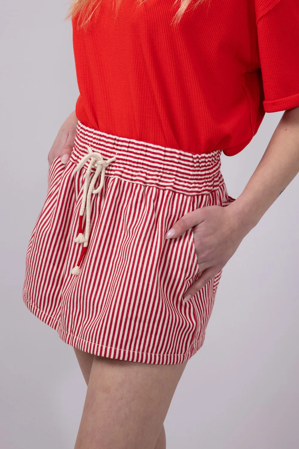 Mustard Seed Drawstring Striped Skort for Women in Red | S24216-RETRORED