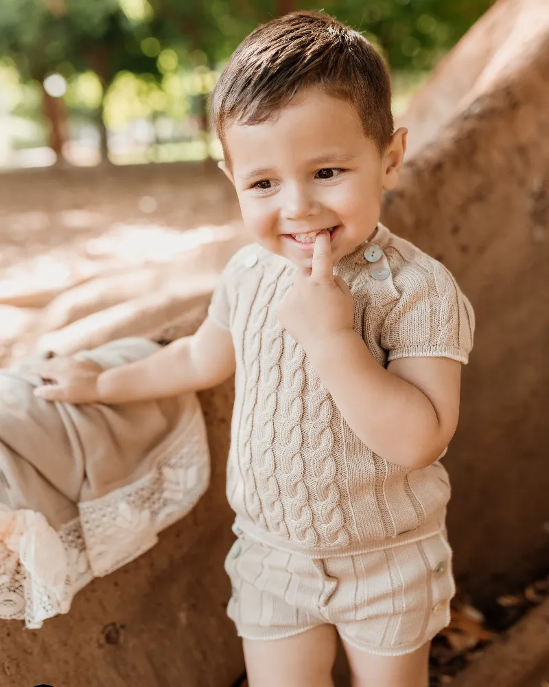 New In Rahigo Boys Camel & Cream Shorts Set
