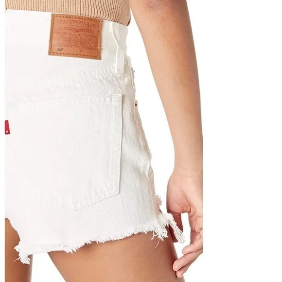NEW Levi’s 501 Original White Denim High Waist Distressed 28 Stretchy Jean Short