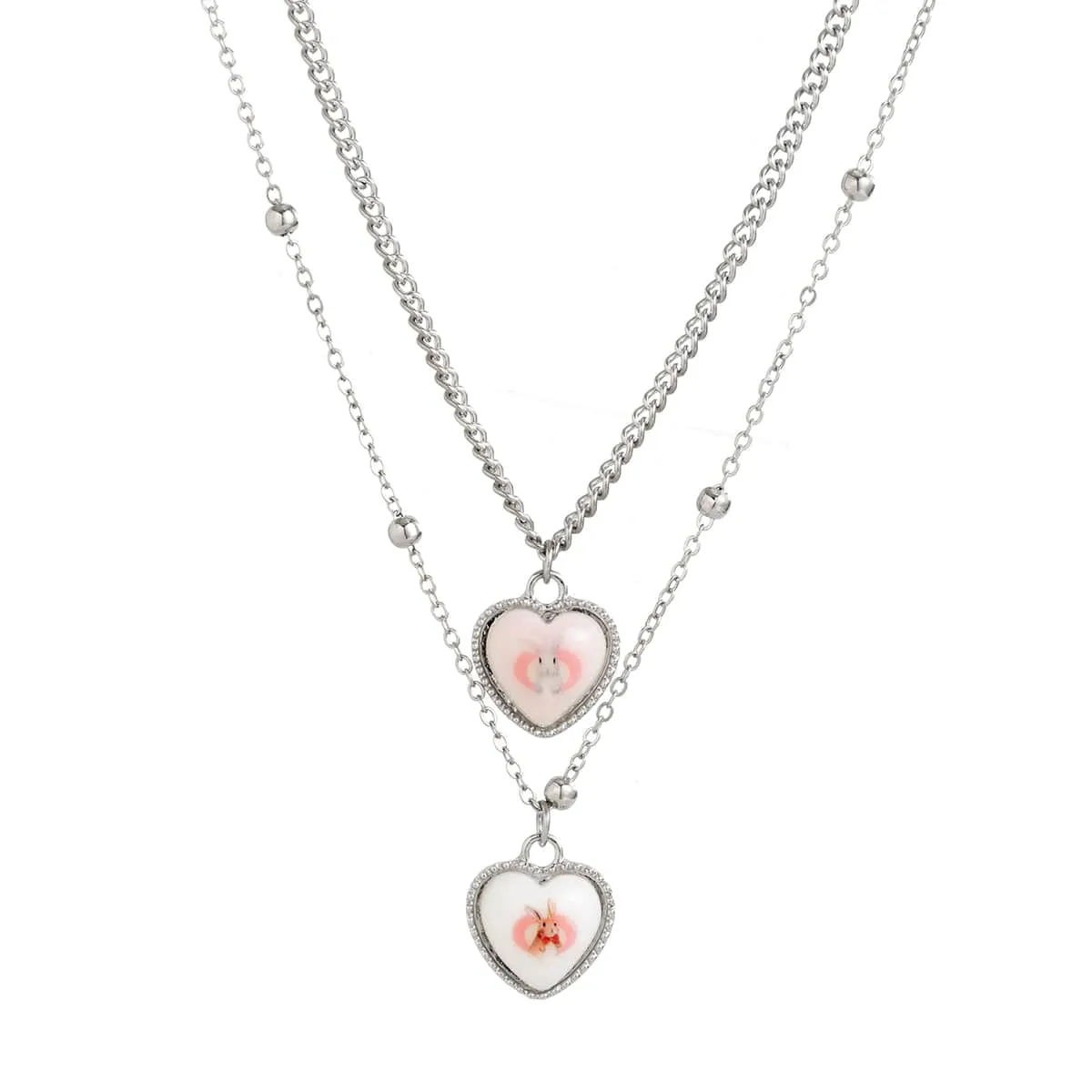 Newly Double Layered Rabbit Pattern Heart Pendant Ball Chain Necklace Set