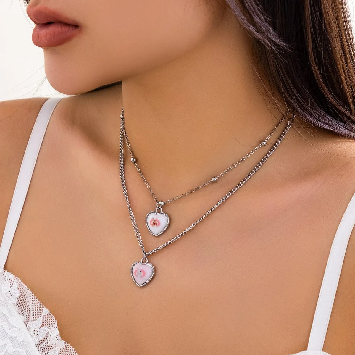 Newly Double Layered Rabbit Pattern Heart Pendant Ball Chain Necklace Set