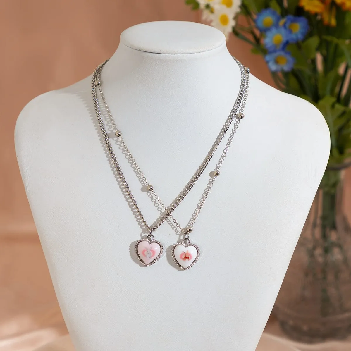 Newly Double Layered Rabbit Pattern Heart Pendant Ball Chain Necklace Set