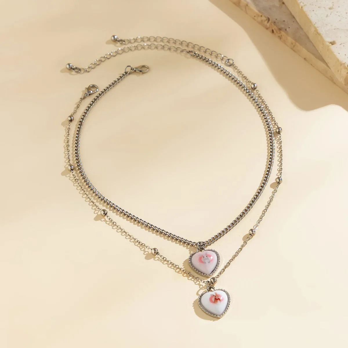 Newly Double Layered Rabbit Pattern Heart Pendant Ball Chain Necklace Set