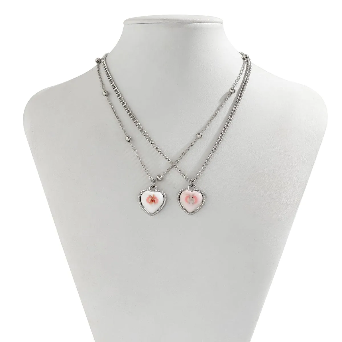 Newly Double Layered Rabbit Pattern Heart Pendant Ball Chain Necklace Set