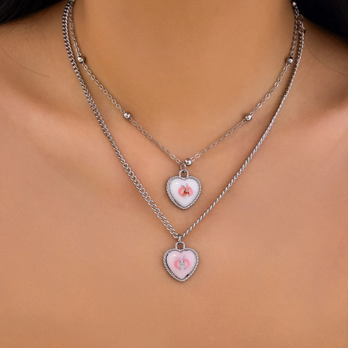 Newly Double Layered Rabbit Pattern Heart Pendant Ball Chain Necklace Set