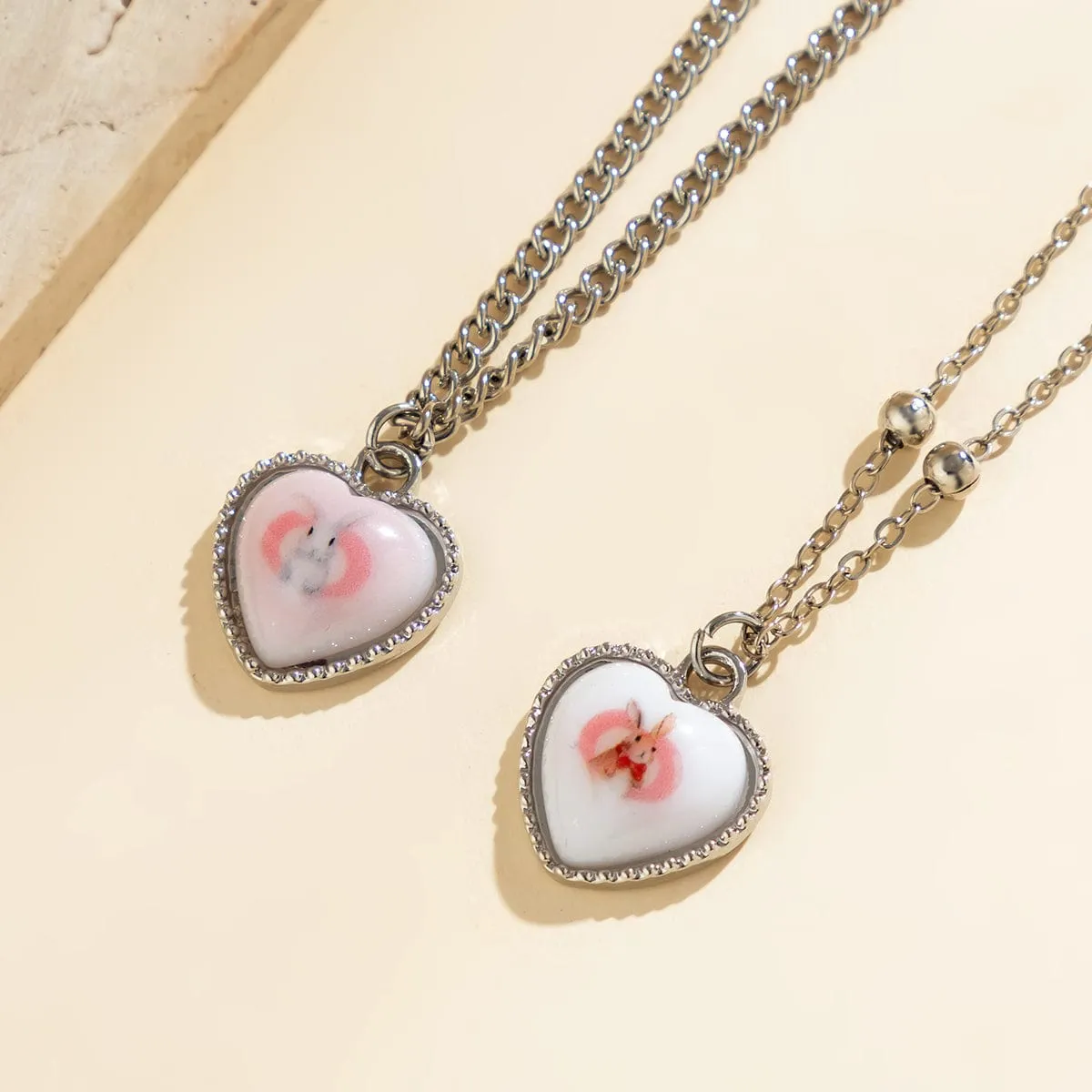 Newly Double Layered Rabbit Pattern Heart Pendant Ball Chain Necklace Set