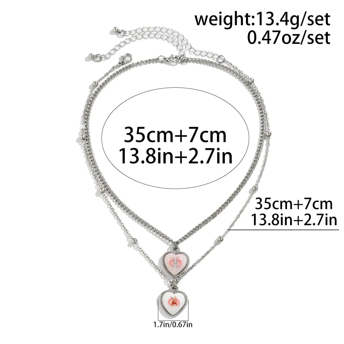 Newly Double Layered Rabbit Pattern Heart Pendant Ball Chain Necklace Set