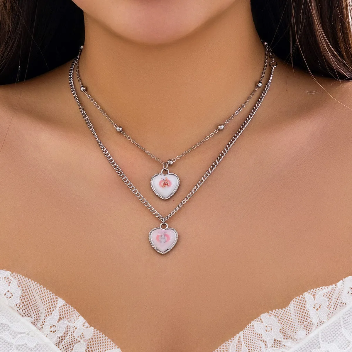 Newly Double Layered Rabbit Pattern Heart Pendant Ball Chain Necklace Set