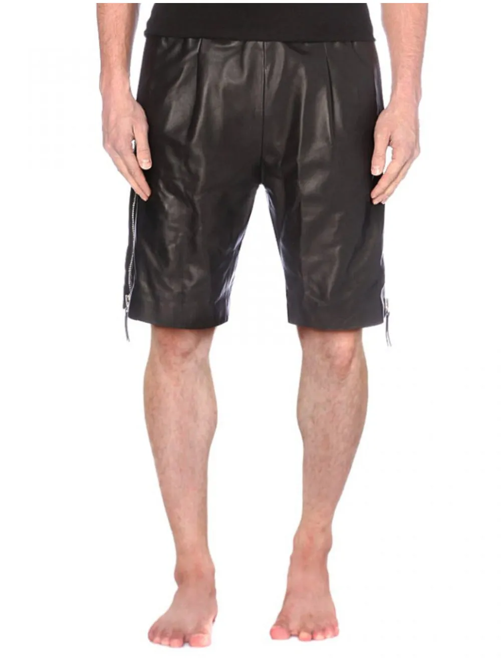 Noir Side Zip Leather Shorts for Men