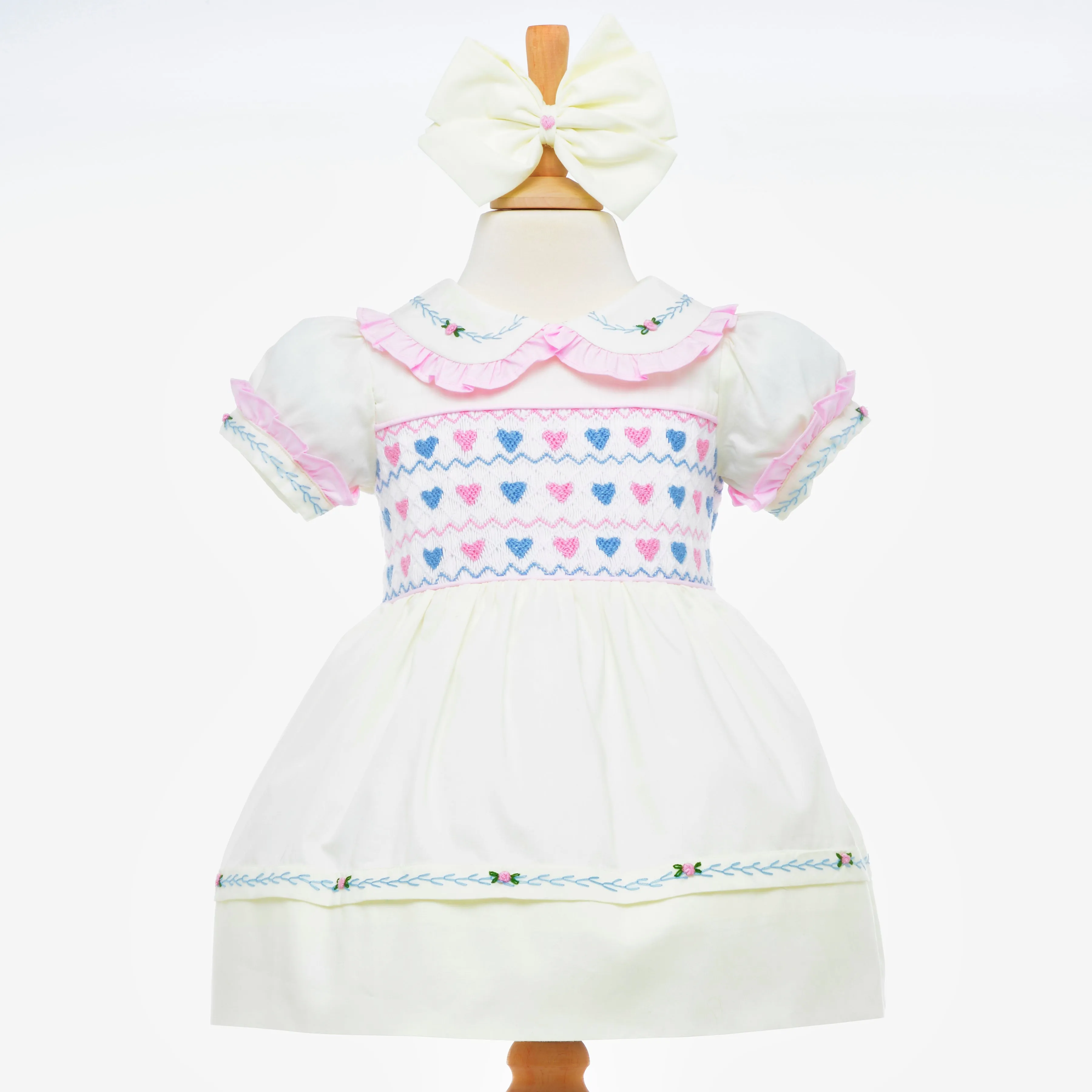 Ocean Baby Girls Cream Classic Heart Smocked Front & Back Petticoat Layered Dress - (3M-8Yrs)