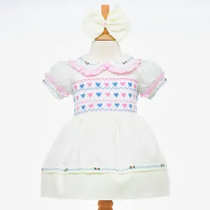 Ocean Baby Girls Cream Classic Heart Smocked Front & Back Petticoat Layered Dress - (3M-8Yrs)