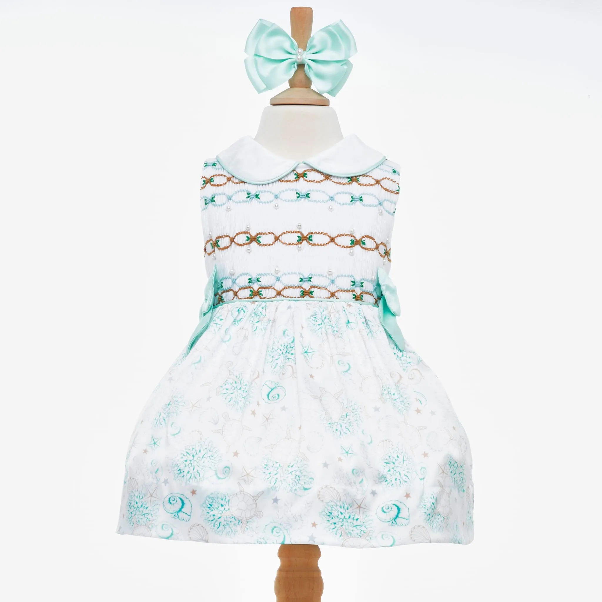 Ocean Baby Girls Pearl Hand Smocked Petticoat Layered Dress - Marine Themed (6M-8Yrs) Satin