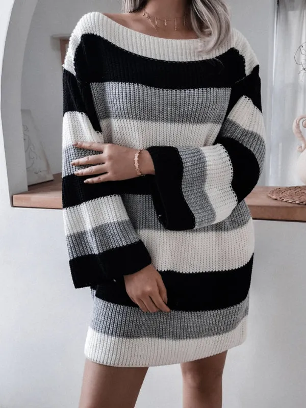 Off-Shoulder Knitted Dress with Striped Pattern