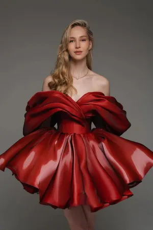 Off Shoulder Puff Sleeve Pleated Evening Swing Mini Dresses