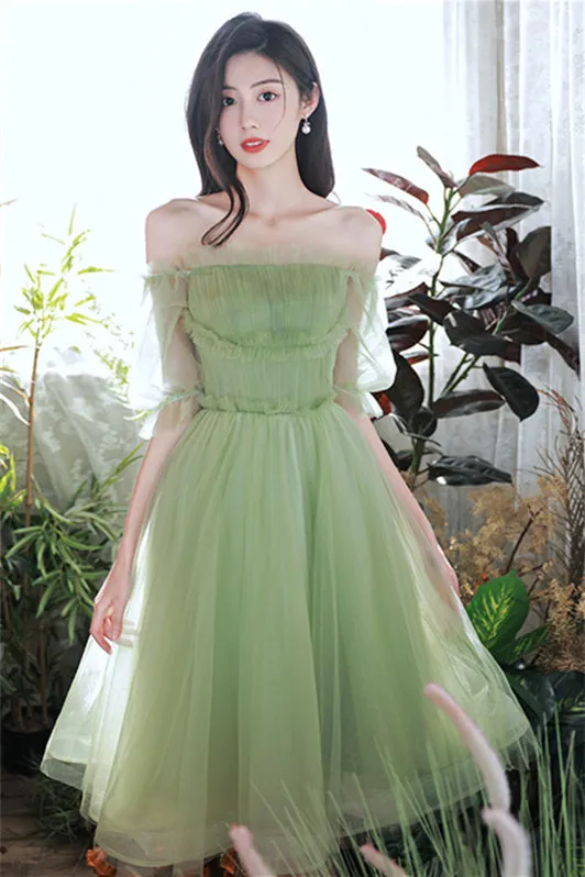 Off the Shoulder Green Tulle Short Sleeves Party Dress