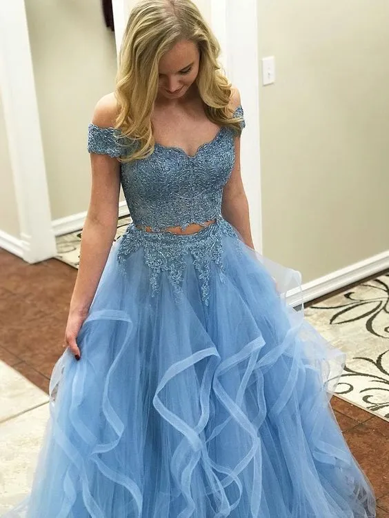 Off the Shoulder Two Piece Prom Dresses,Lace 2 Piece Formal Dresses, TYP1200