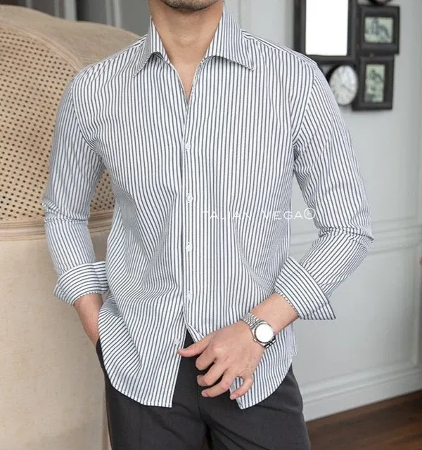 Old Money Grey Stripe Shirt with Dark Blue Denim Signature Buttoned Gurkha Pant by ITALIAN VEGA®