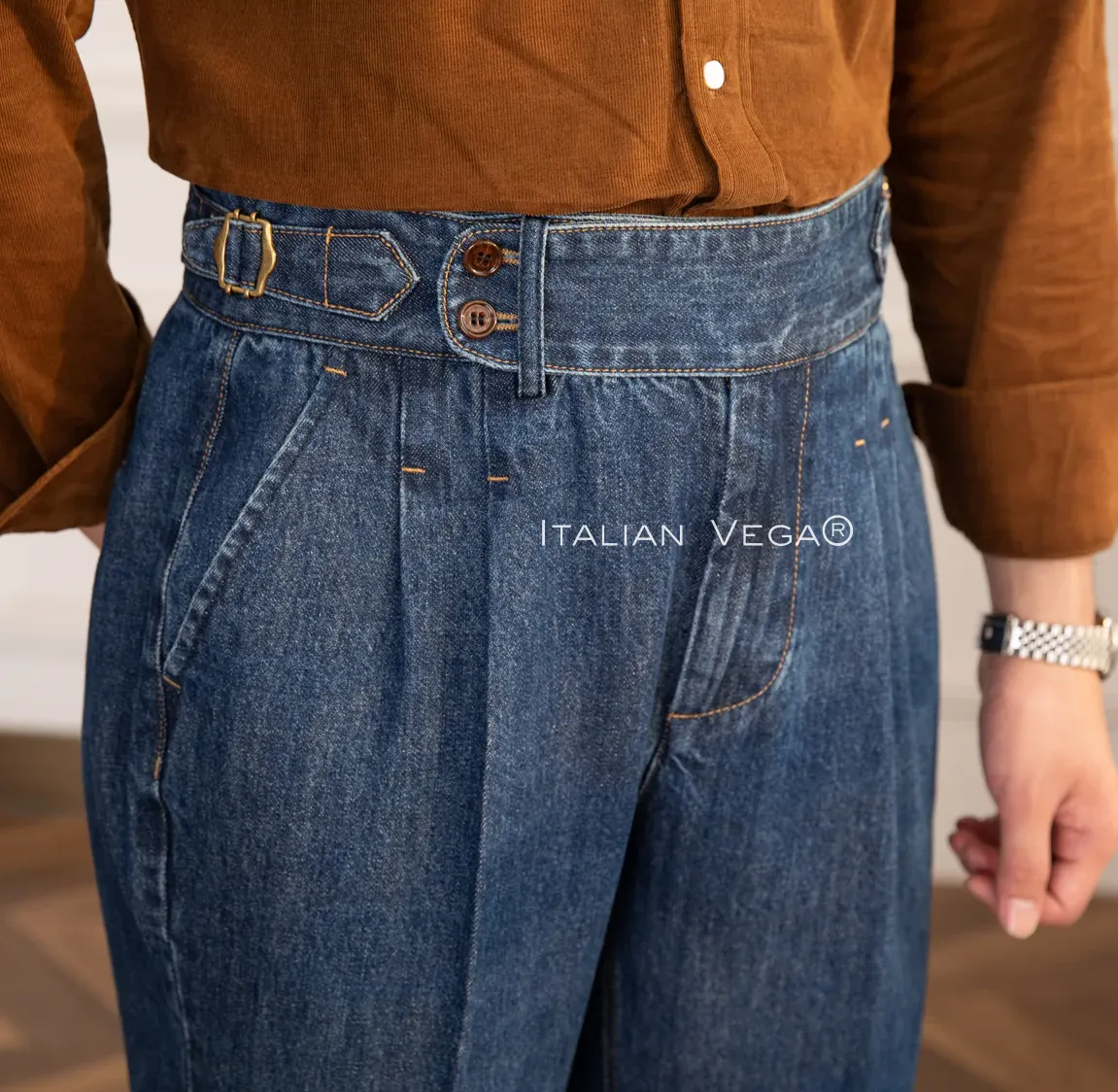 Old Money Grey Stripe Shirt with Dark Blue Denim Signature Buttoned Gurkha Pant by ITALIAN VEGA®