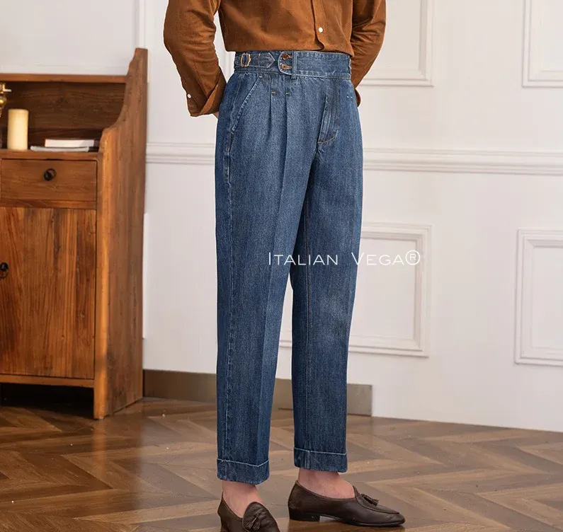 Old Money Grey Stripe Shirt with Dark Blue Denim Signature Buttoned Gurkha Pant by ITALIAN VEGA®