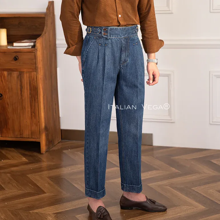 Old Money Grey Stripe Shirt with Dark Blue Denim Signature Buttoned Gurkha Pant by ITALIAN VEGA®