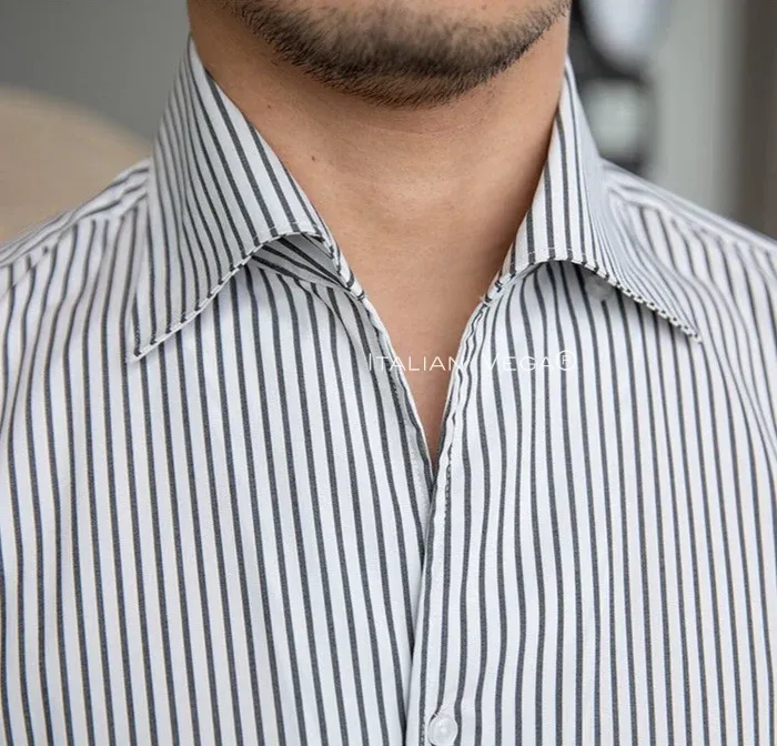 Old Money Grey Stripe Shirt with Dark Blue Denim Signature Buttoned Gurkha Pant by ITALIAN VEGA®