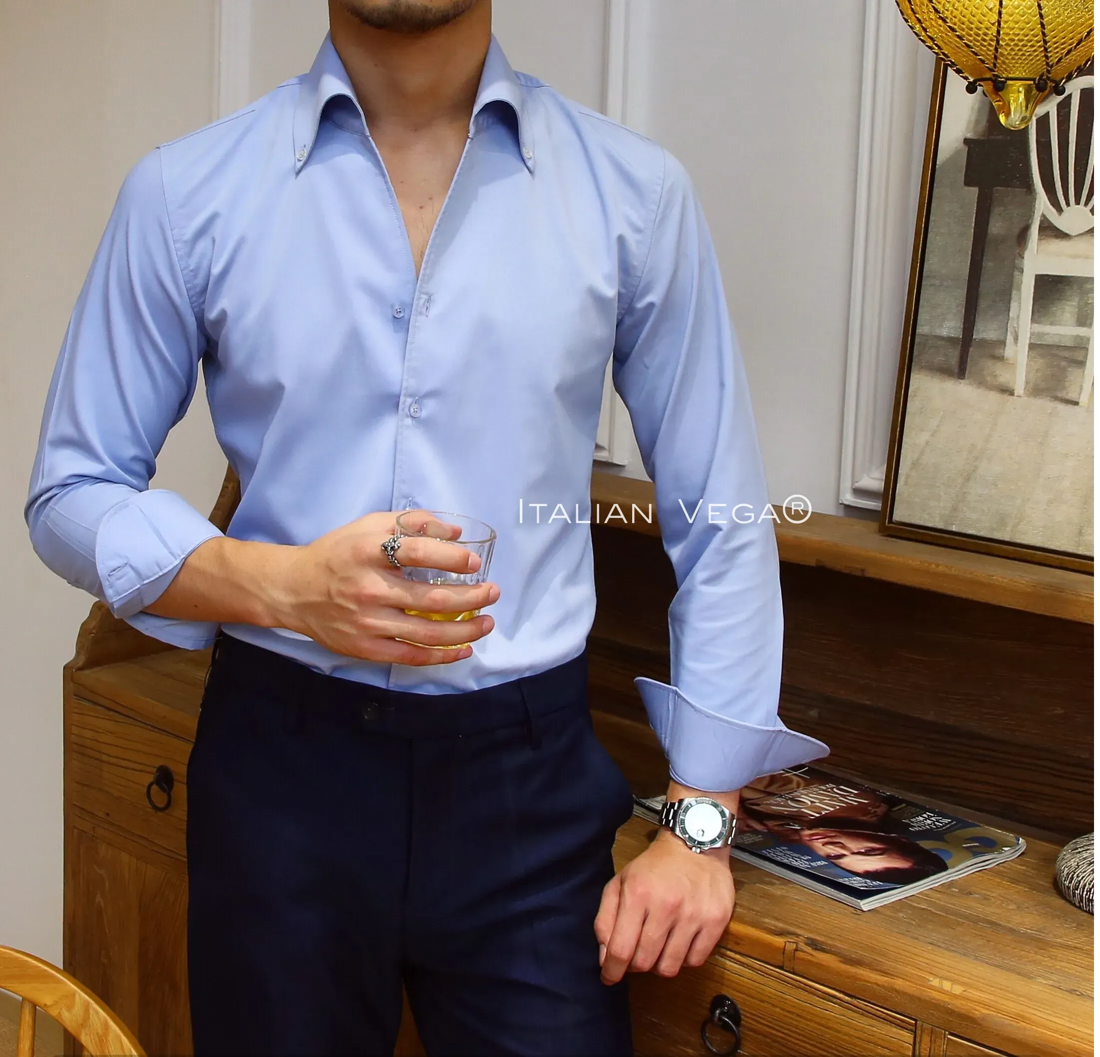 Old Money Powder Blue Shirt with Space Blue Veteran Denim Gurkha Pant by ITALIAN VEGA®