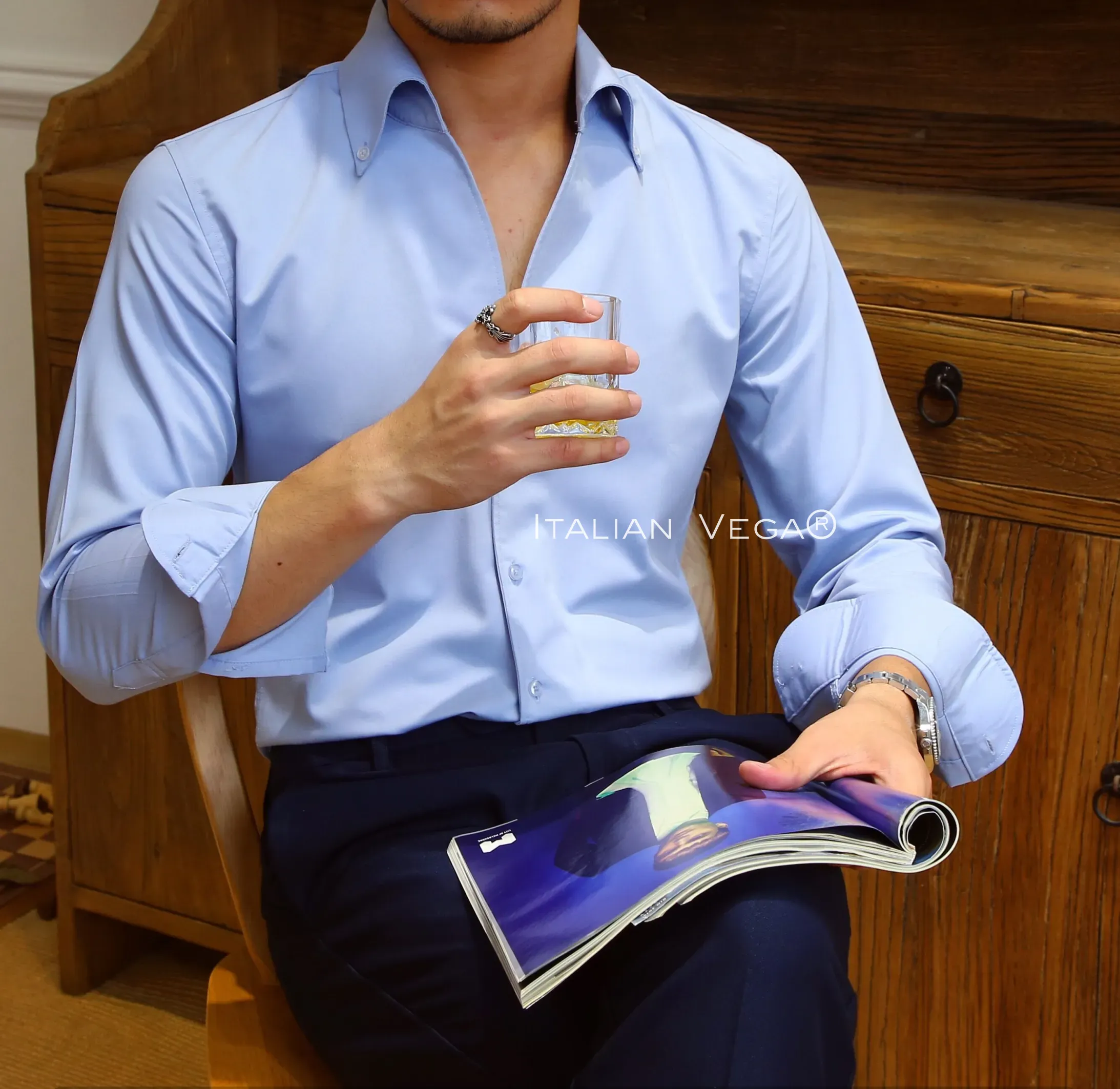Old Money Powder Blue Shirt with Space Blue Veteran Denim Gurkha Pant by ITALIAN VEGA®
