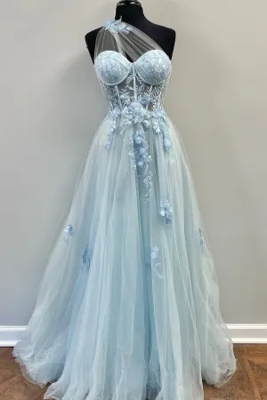 One Shoulder Blue Floral Lace Long Prom Dress