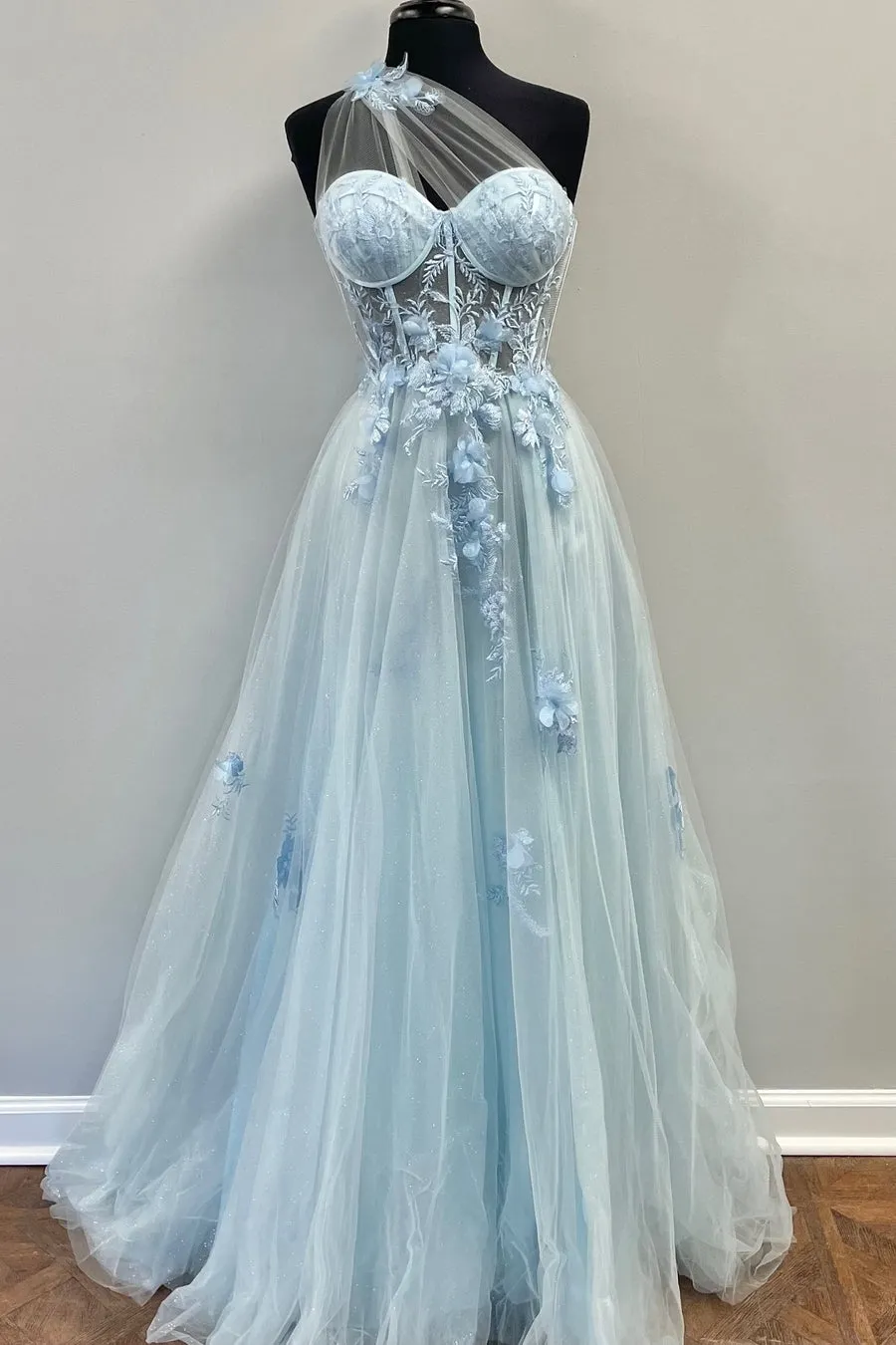 One Shoulder Blue Floral Lace Long Prom Dress