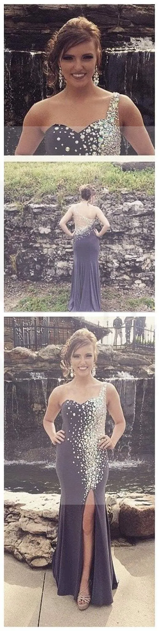 One Shoulder Shinny Side Slit Mermaid Long Prom Dresses, Evening Dress