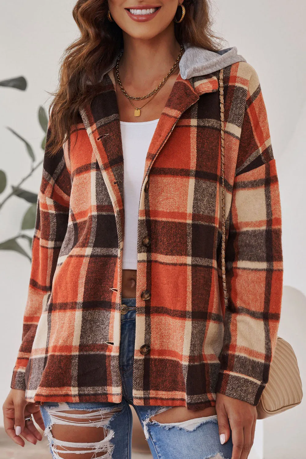 Orange Hooded Plaid Button Front Shacket