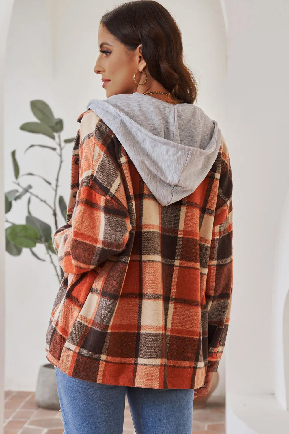 Orange Hooded Plaid Button Front Shacket