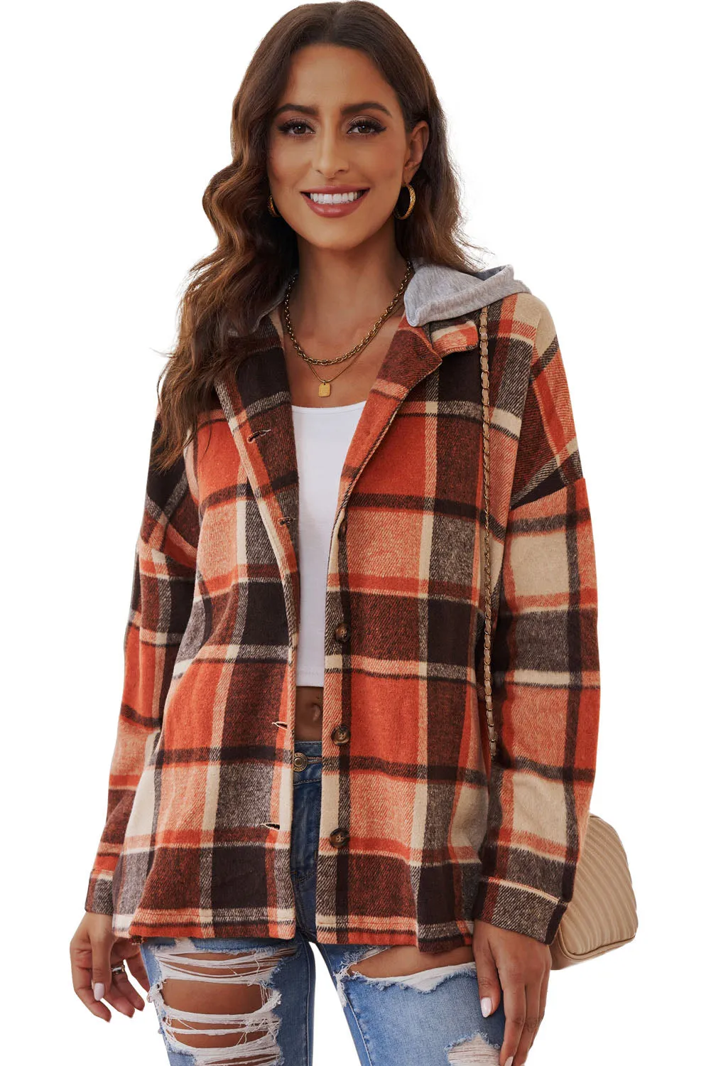 Orange Hooded Plaid Button Front Shacket
