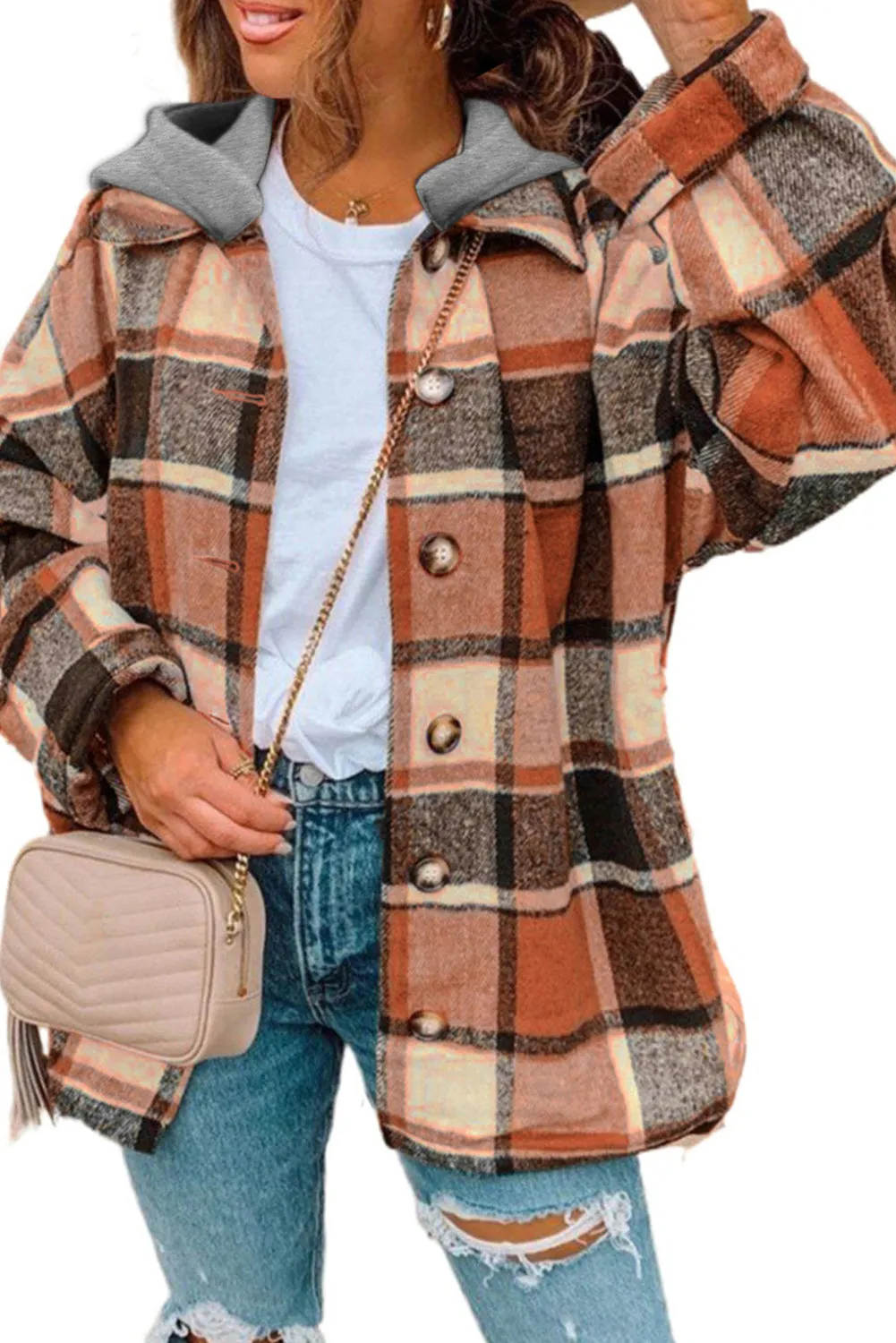 Orange Hooded Plaid Button Front Shacket