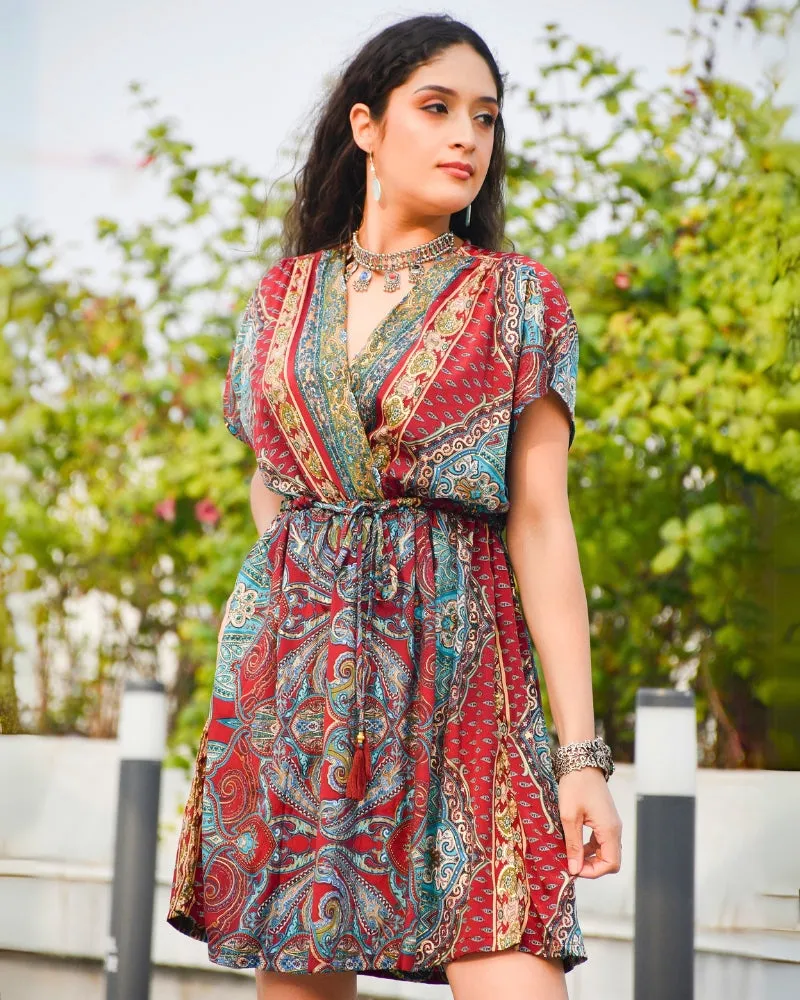 Paisley charm maroon short dress