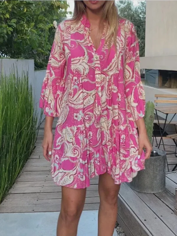 Paisley Print Mini Dress with Bell Sleeves and Layered Skirt