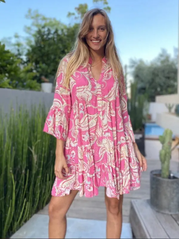 Paisley Print Mini Dress with Bell Sleeves and Layered Skirt