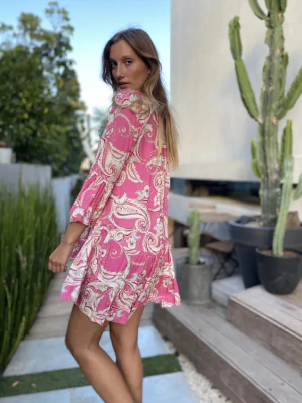 Paisley Print Mini Dress with Bell Sleeves and Layered Skirt